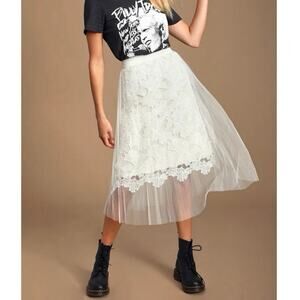 Lulus Enchante White Lace Midi Skirt Small Side Zipper